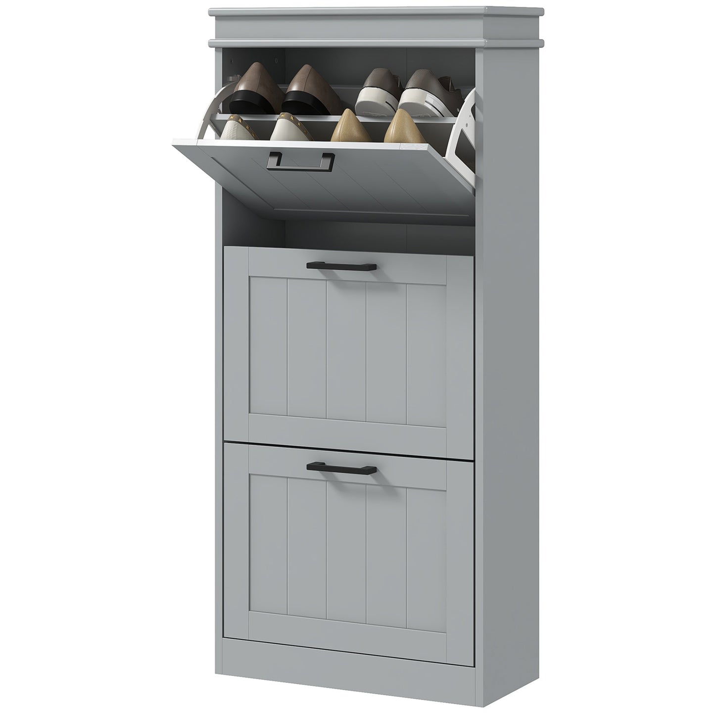 Slim Shoe Storage Cabinet with 3 Flip Drawers for Entryway, Grey