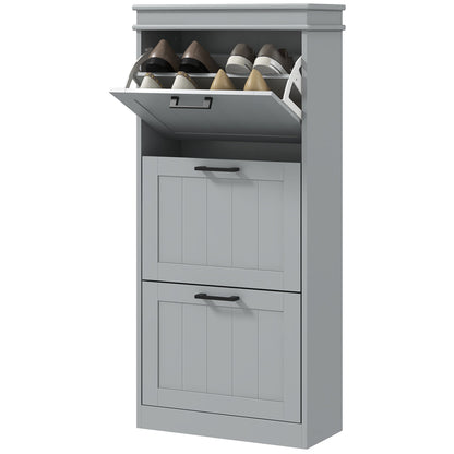 Slim Shoe Storage Cabinet with 3 Flip Drawers for Entryway, Grey