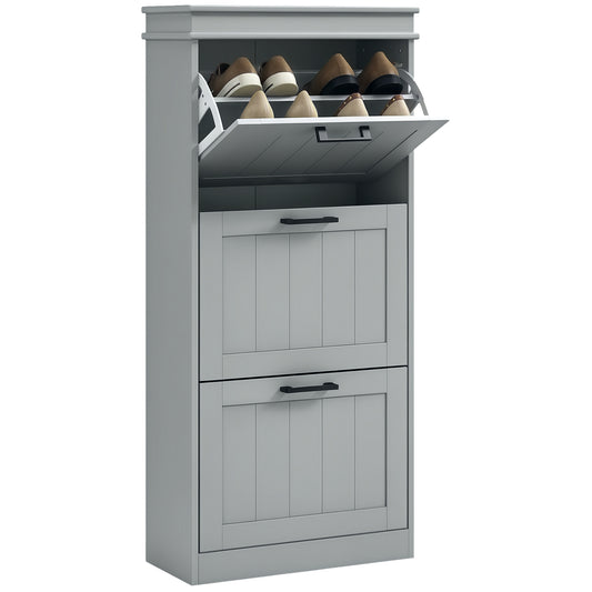 Slim Shoe Storage Cabinet with 3 Flip Drawers for Entryway, Grey