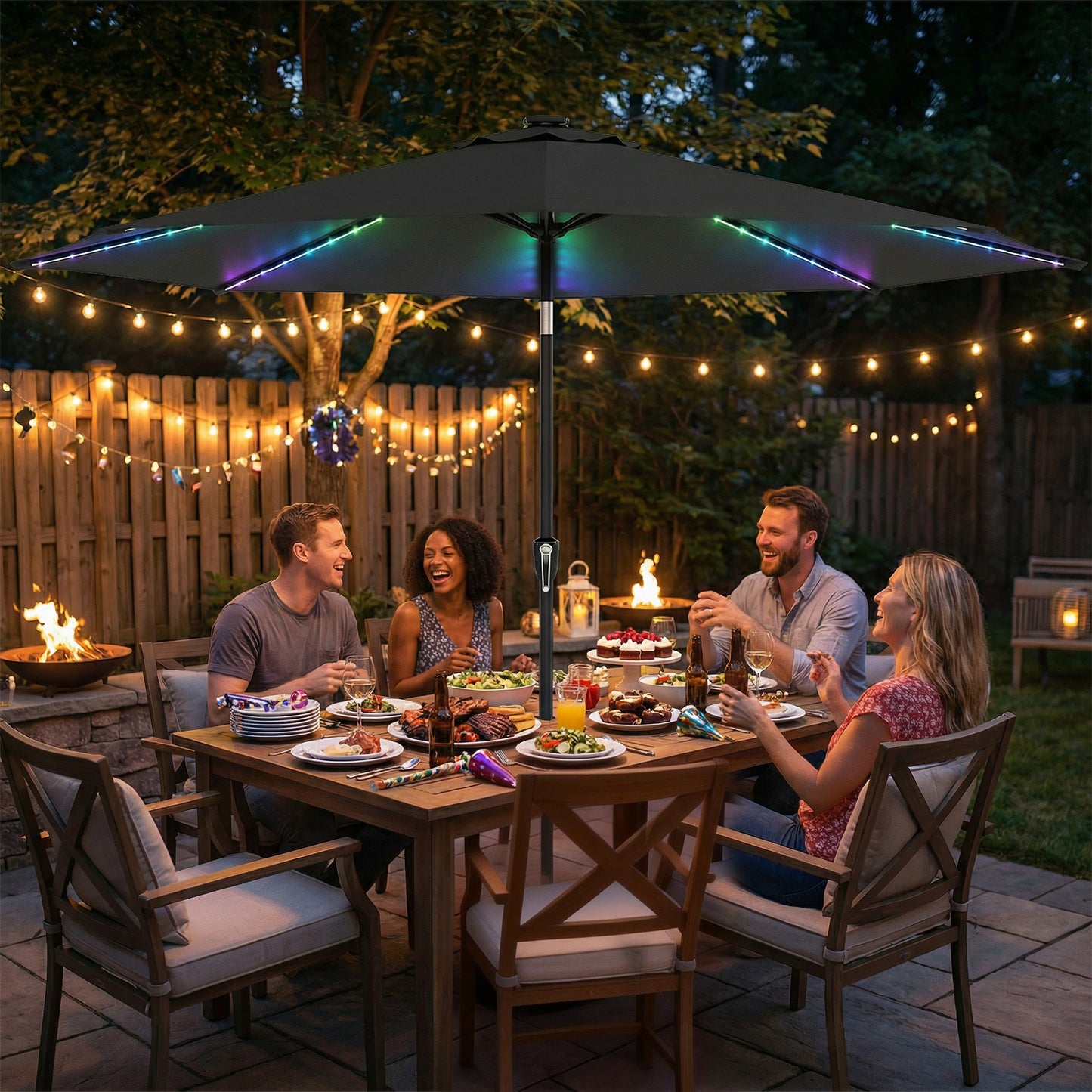 3 m Garden Parasol Umbrella with LED Lights, Patio Umbrella Grey