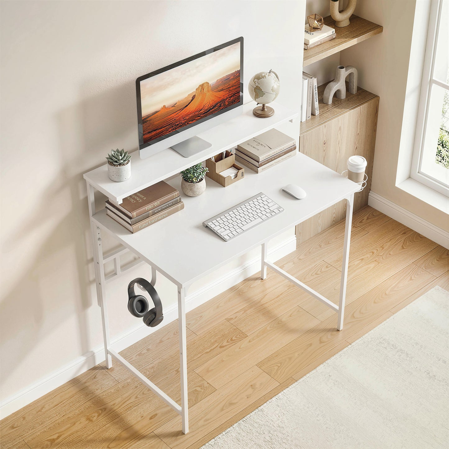 Computer Desk, 80cm Home Office Study Table with Hutch Shelf, White