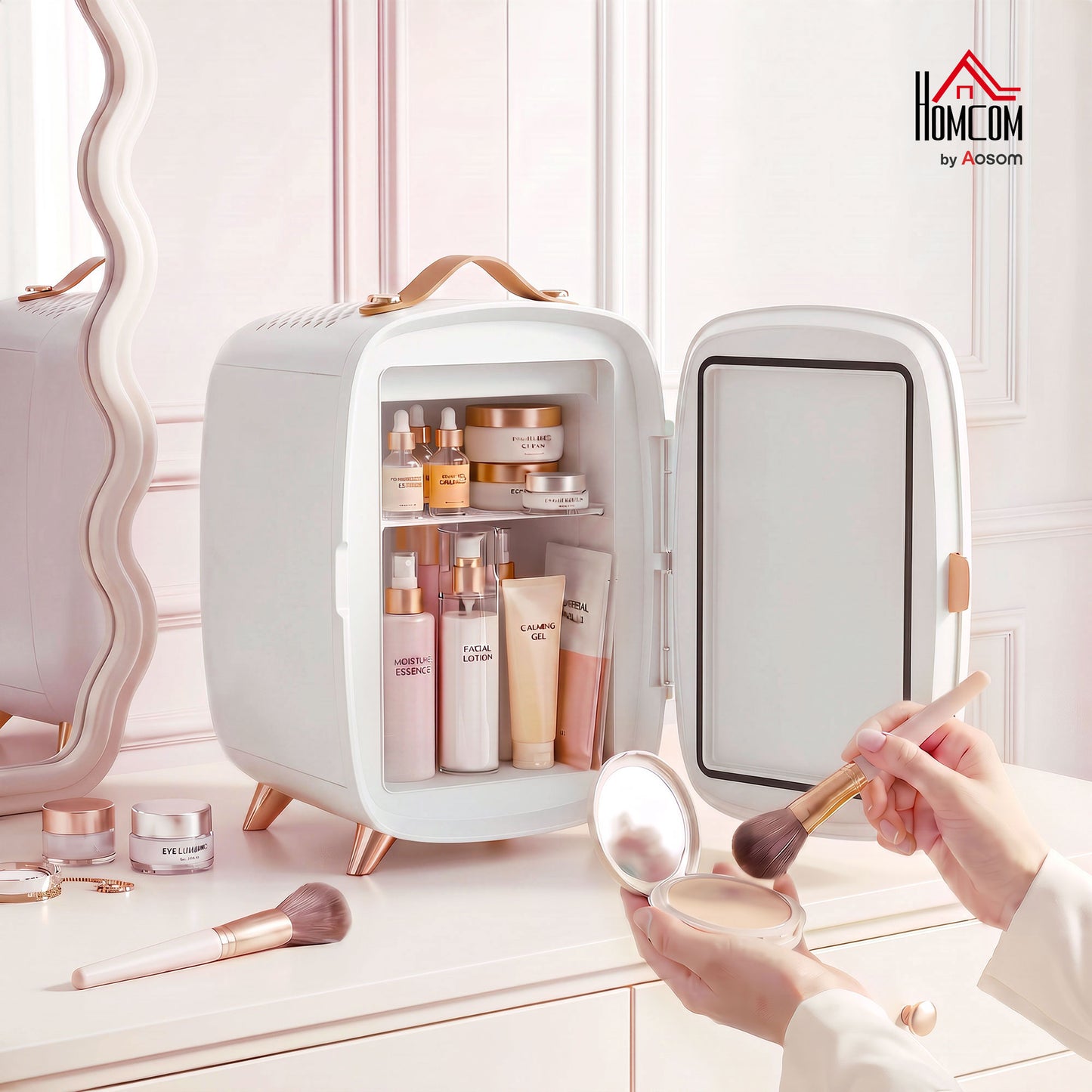 Skincare Refrigerator with LED Mirror, Cooling Function, White