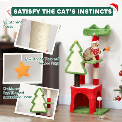 Christmas Cat Tree, 103cm Multilevel Cat Climbing Tower with Scratching Post and Board, Condo, Platform and Toys, Kitty Activity Centre for Indoor Kittens, Green