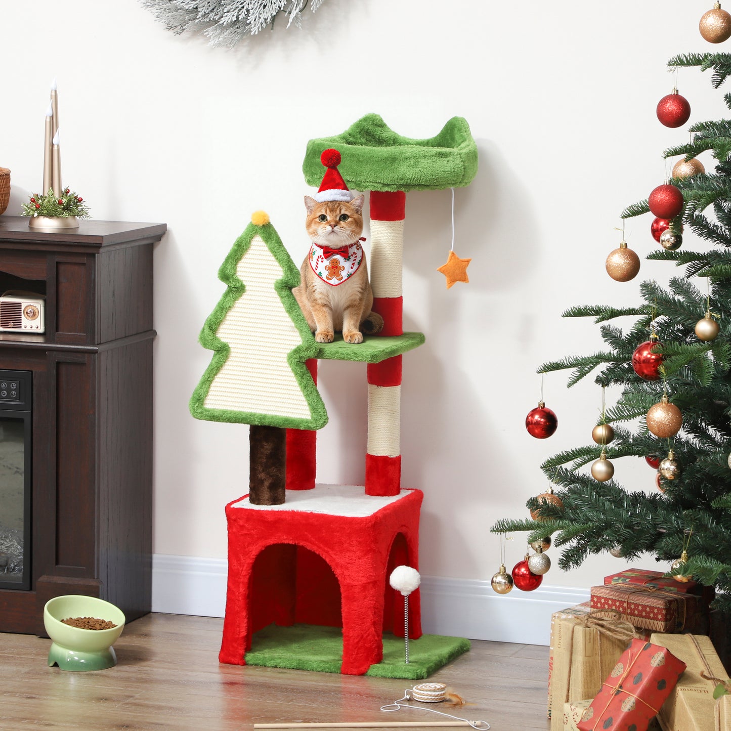Christmas Cat Tree, 103cm Multilevel Cat Climbing Tower with Scratching Post and Board, Condo, Platform and Toys, Kitty Activity Centre for Indoor Kittens, Green