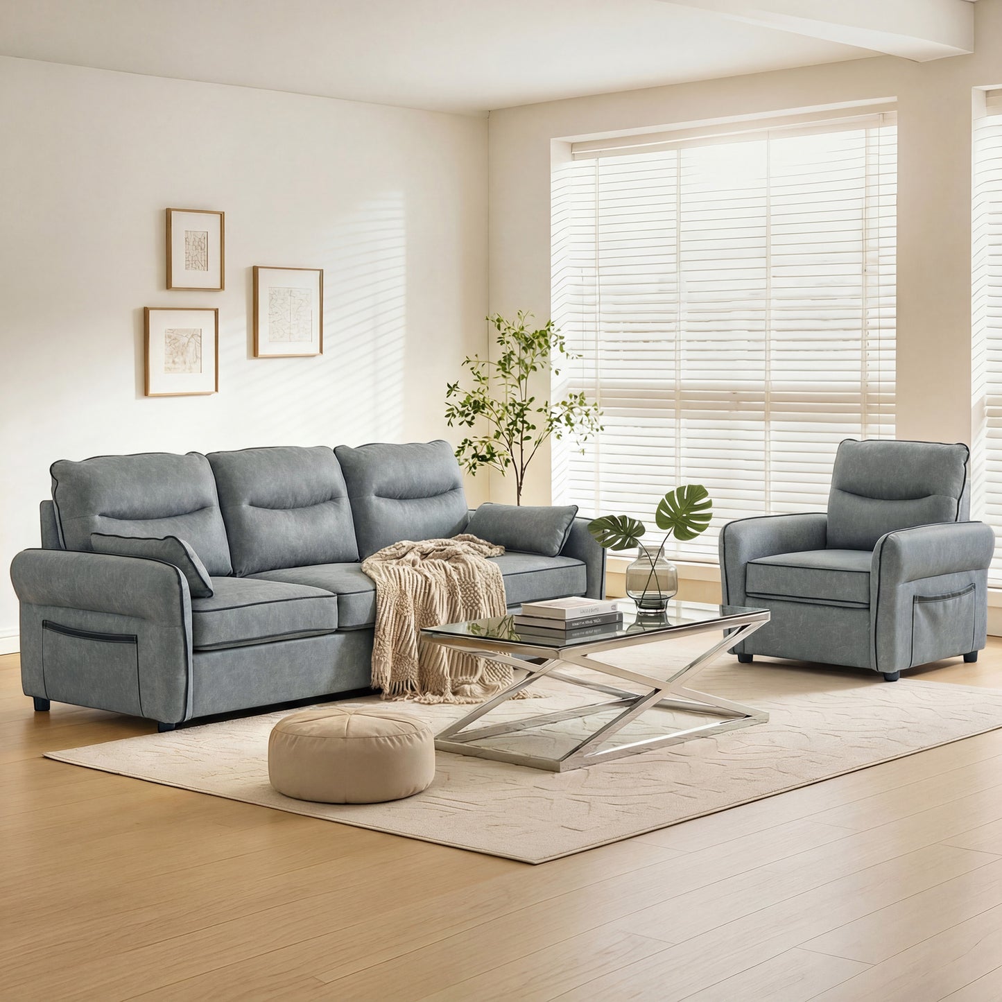 Armchair, Faux Leather Accent Chair with Thicken Cushion, Grey