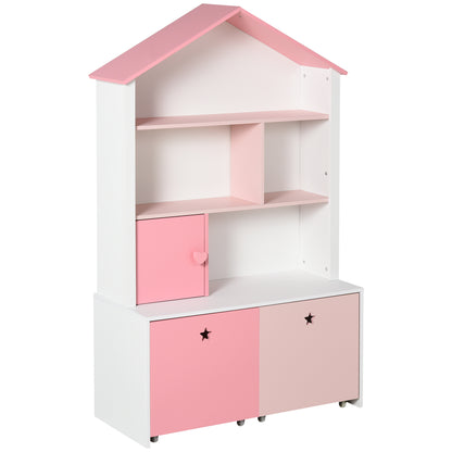 Kids Bookshelf Chest Drawer with Wheels Baby Toy Wood Organizer Pink