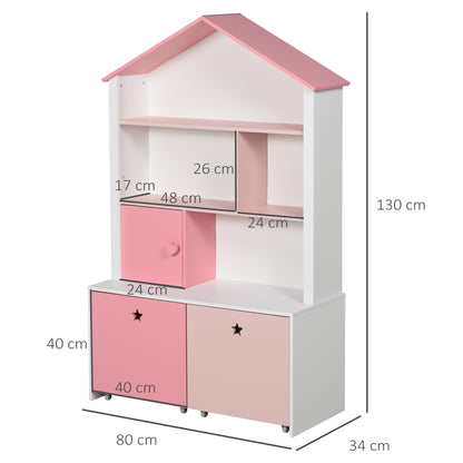 Kids Bookshelf Chest Drawer with Wheels Baby Toy Wood Organizer Pink