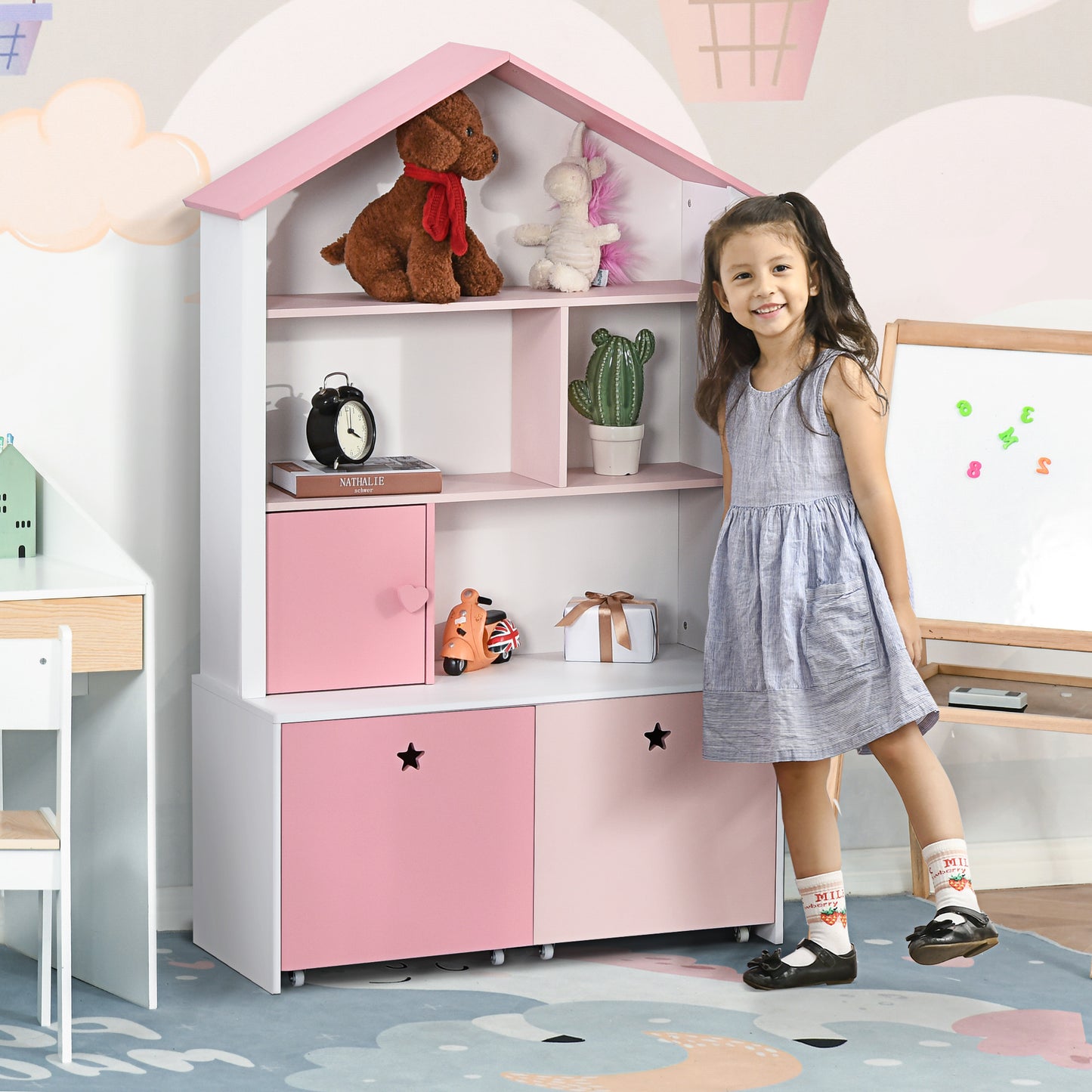 Kids Bookshelf Chest Drawer with Wheels Baby Toy Wood Organizer Pink
