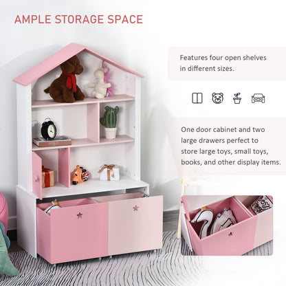 Kids Bookshelf Chest Drawer with Wheels Baby Toy Wood Organizer Pink