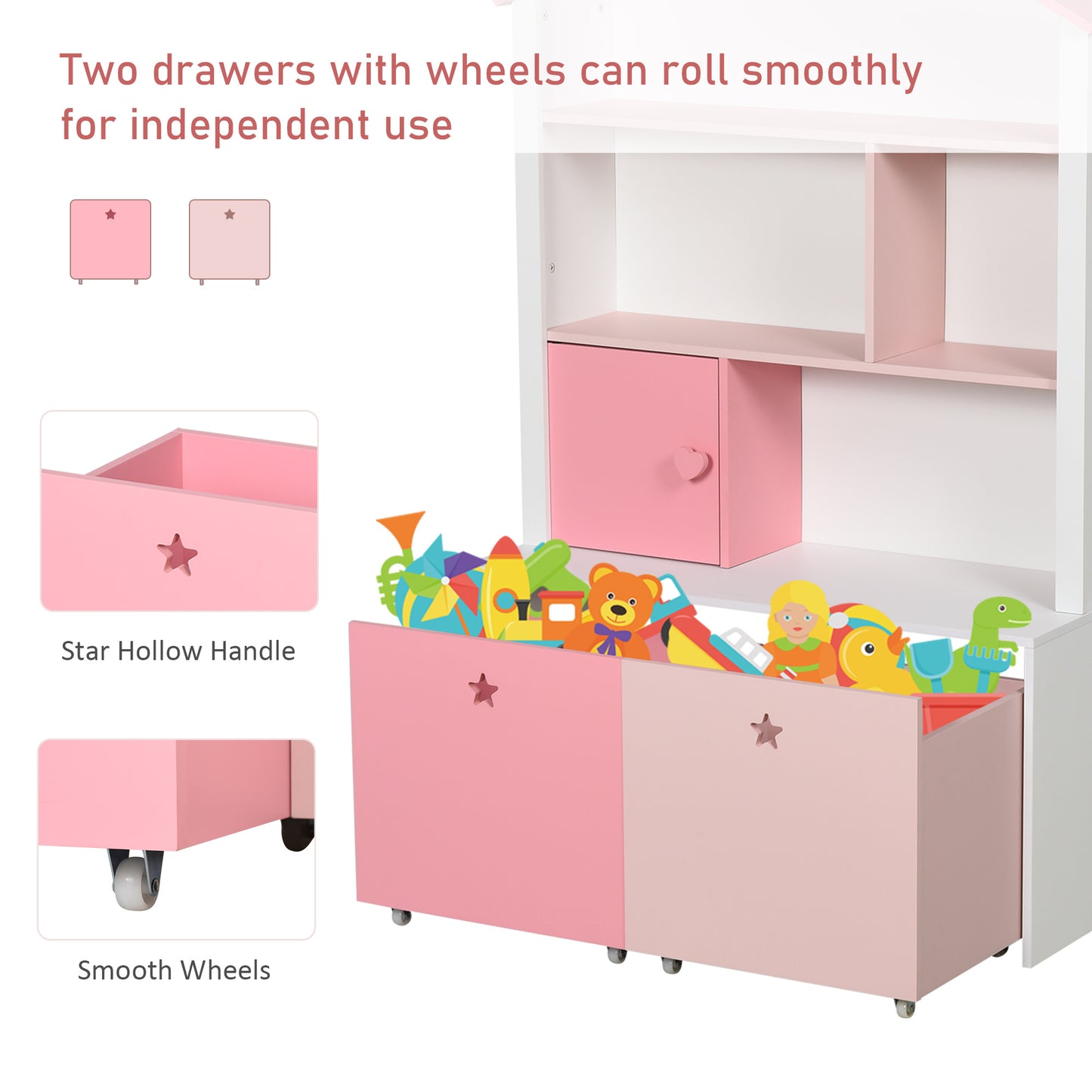 Kids Bookshelf Chest Drawer with Wheels Baby Toy Wood Organizer Pink