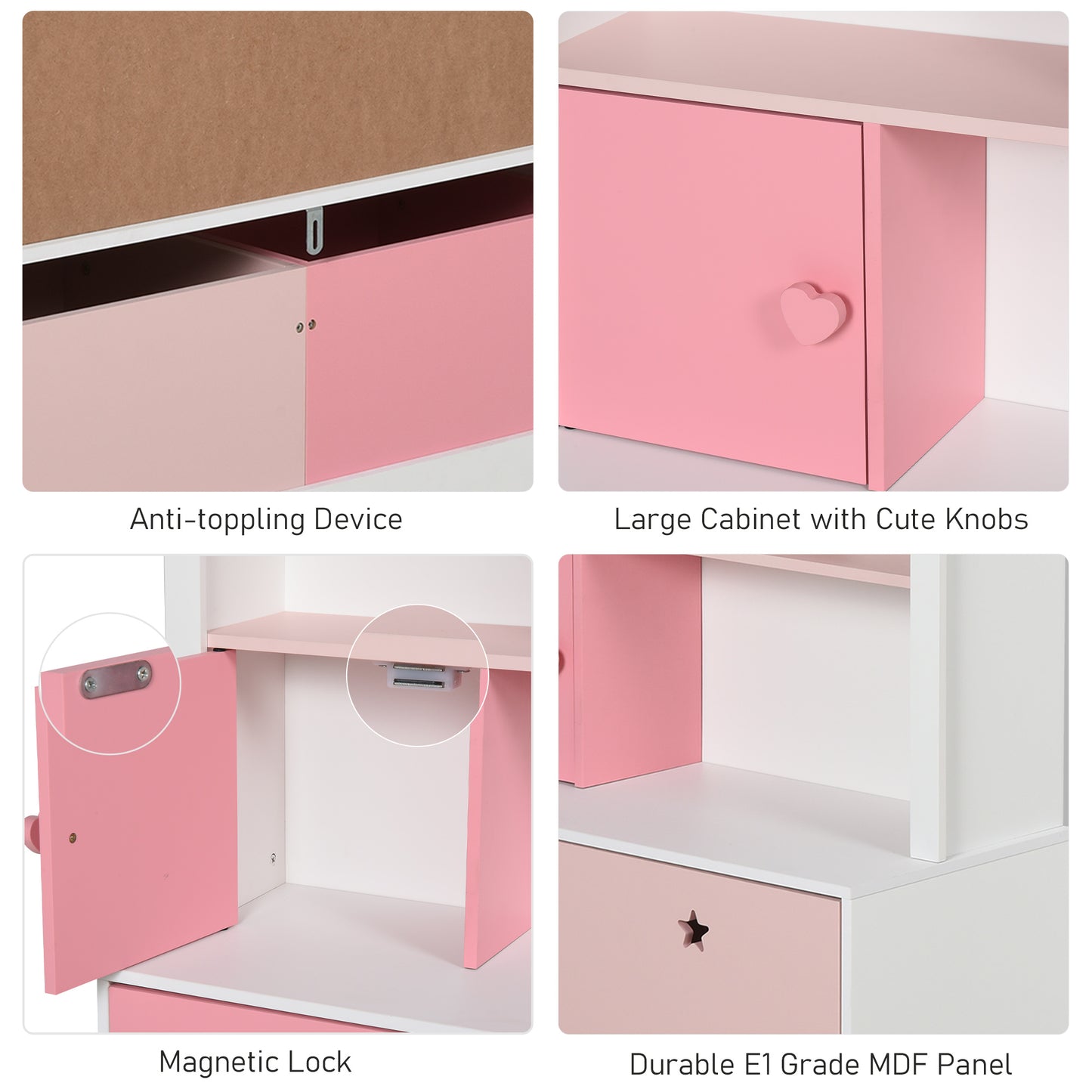 Kids Bookshelf Chest Drawer with Wheels Baby Toy Wood Organizer Pink
