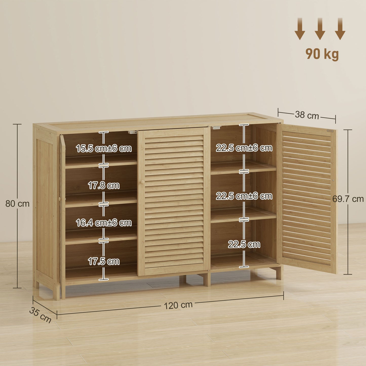 Bamboo Shoe Cabinet with Louvered Doors 18 Pairs Shoe Storage Cabinet