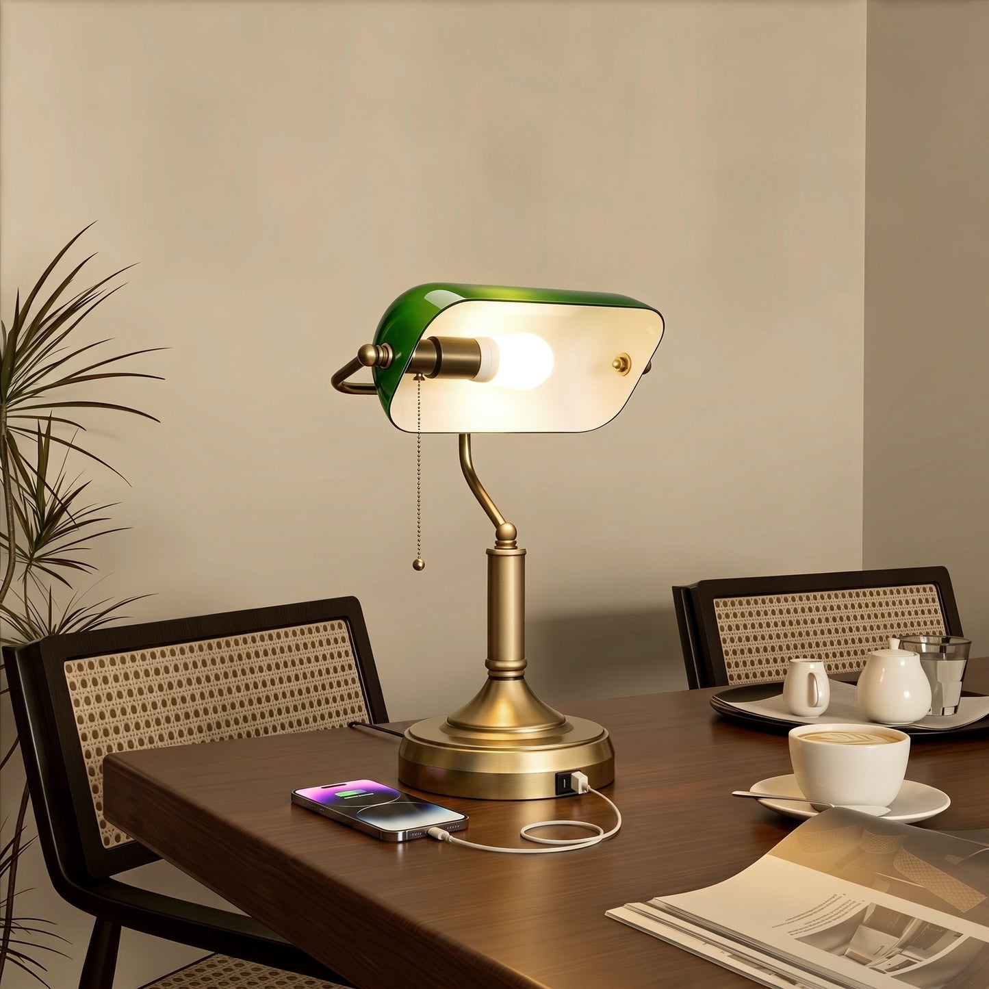 Desk Lamp with Vintage Bronze Tone Base, Pull Rope Switch, Green