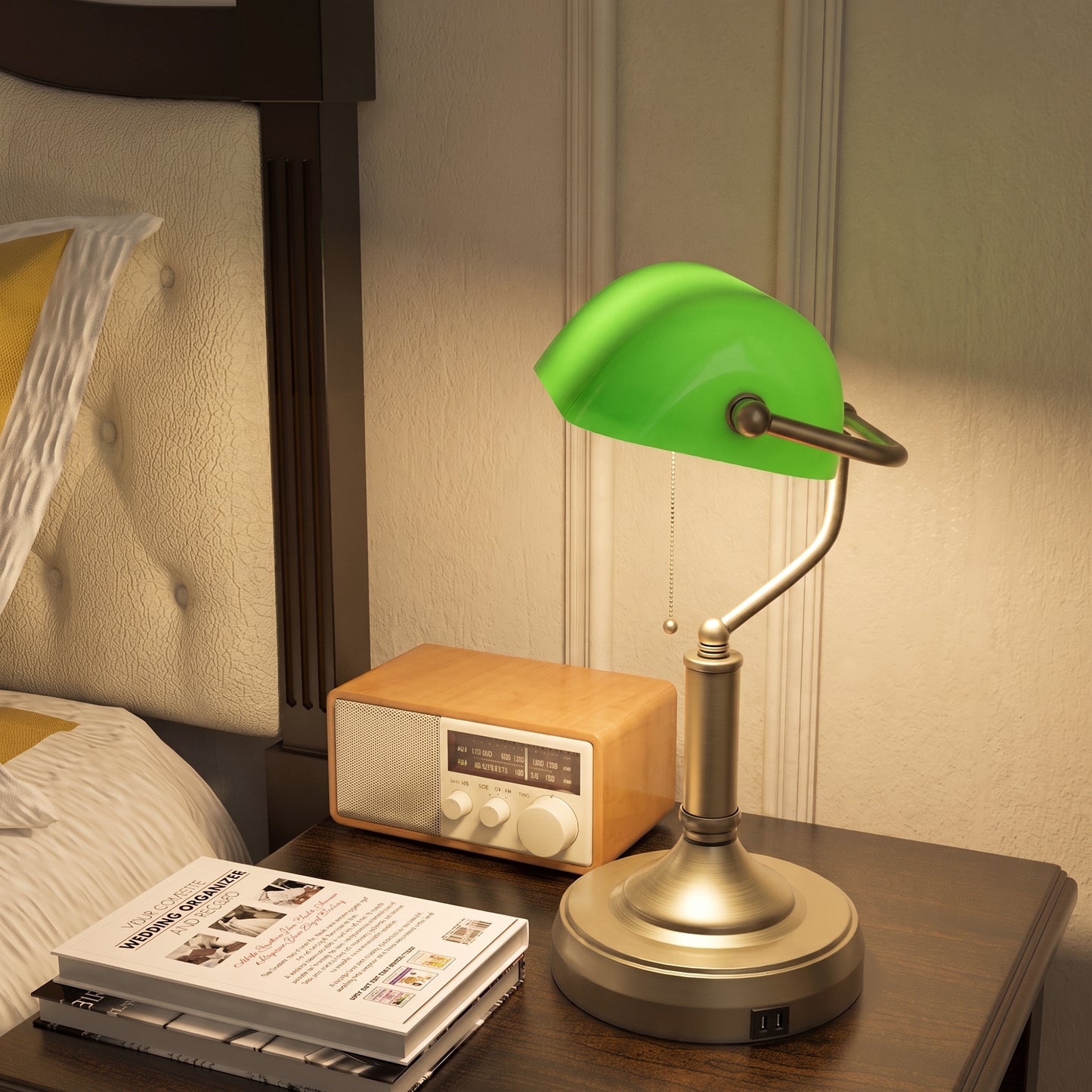 Desk Lamp with Vintage Bronze Tone Base, Pull Rope Switch, Green