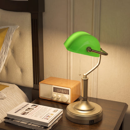 Desk Lamp with Vintage Bronze Tone Base, Pull Rope Switch, Green