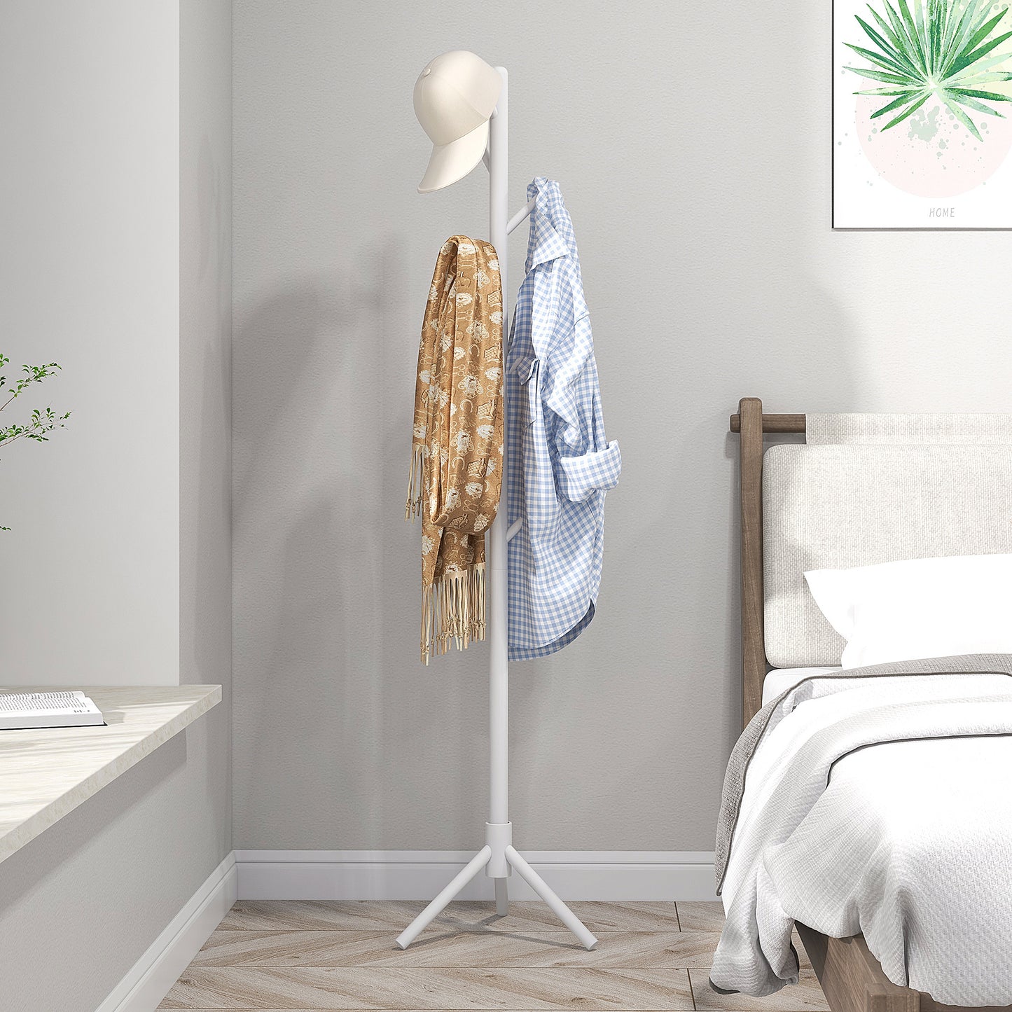 Coat Rack Bamboo Coat Stand with 8 Hooks for Handbags, White