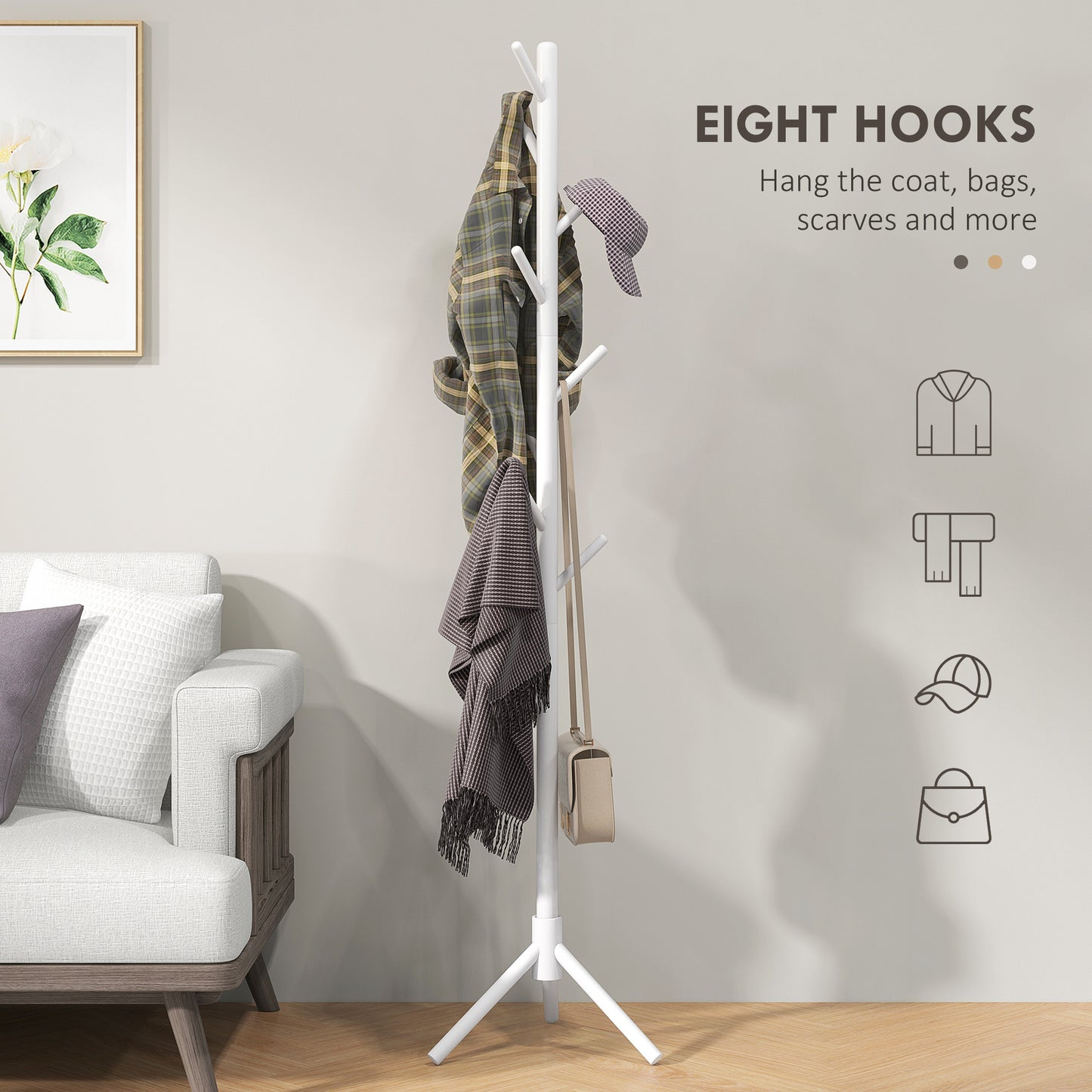 Coat Rack Bamboo Coat Stand with 8 Hooks for Handbags, White