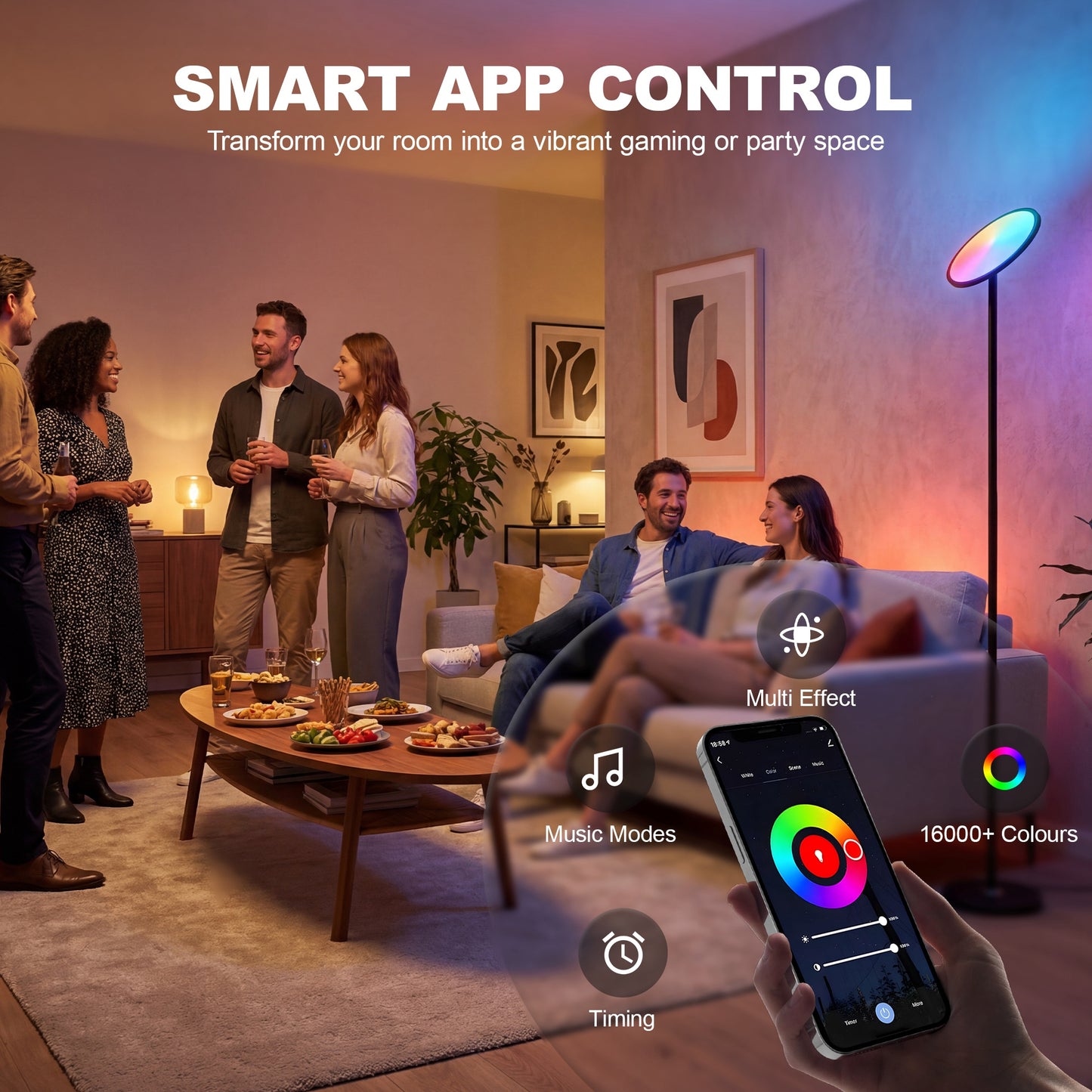 Uplighter Floor Lamp with Tuya App and Music Sync for Bedroom, Black