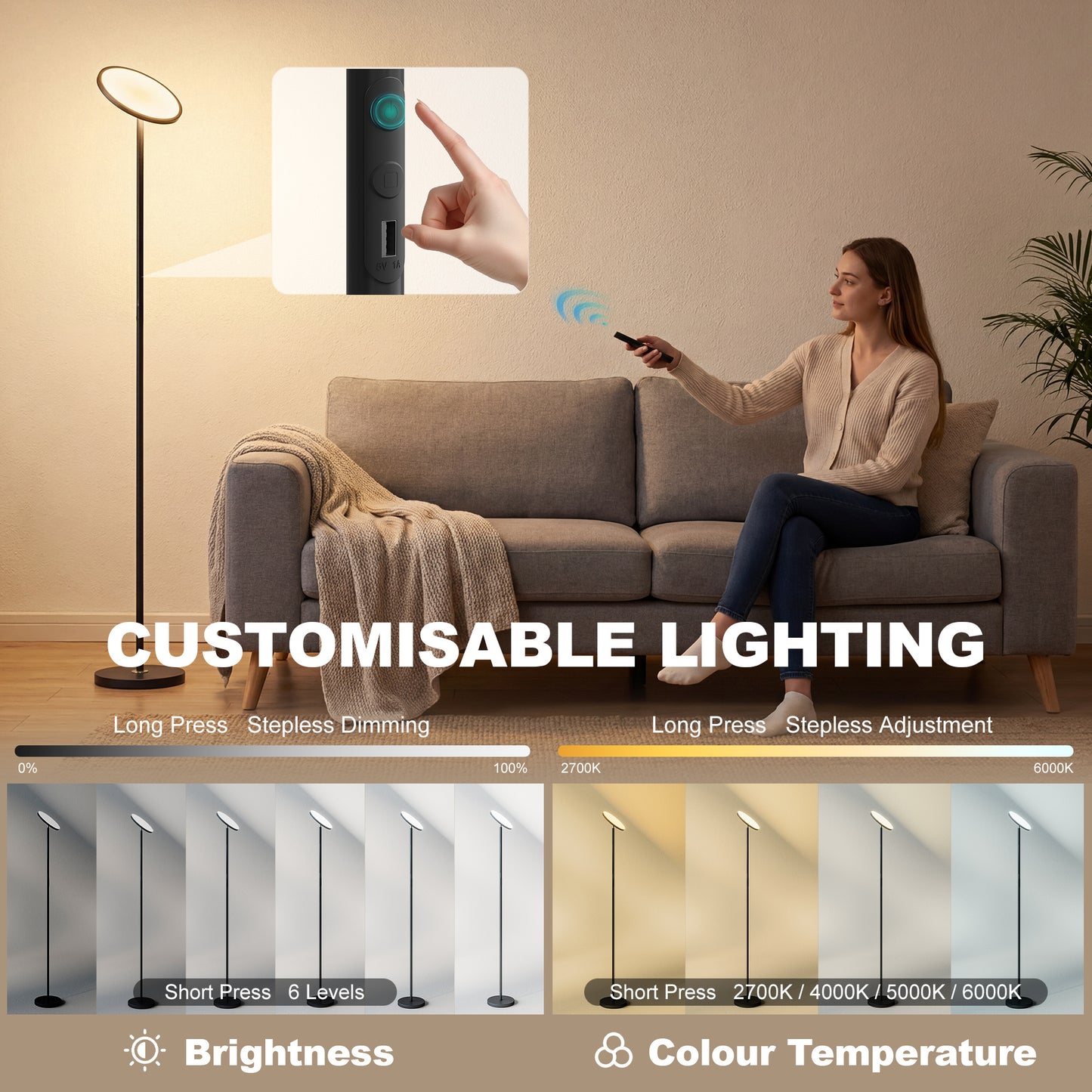 Uplighter Floor Lamp with Tuya App and Music Sync for Bedroom, Black