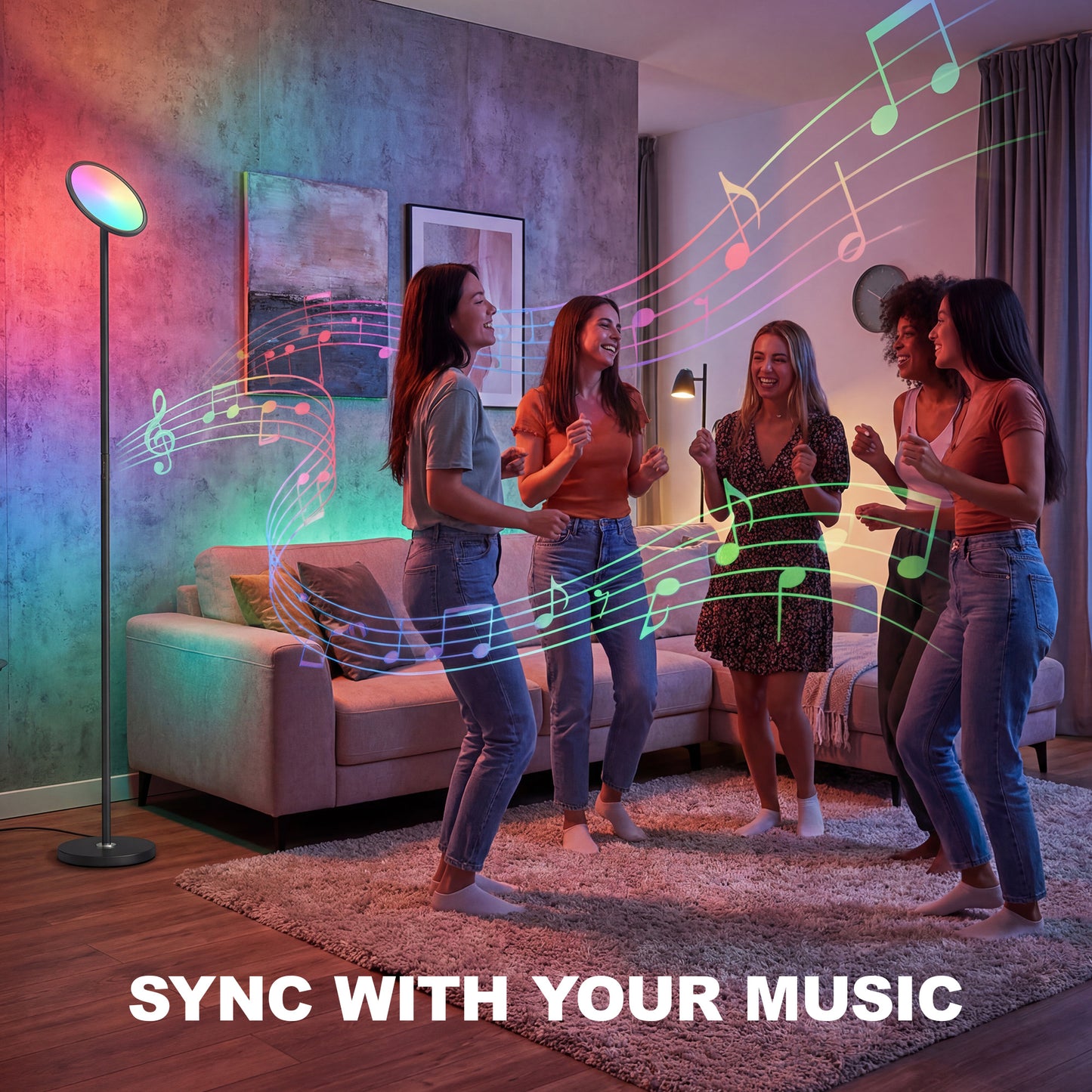 Uplighter Floor Lamp with Tuya App and Music Sync for Bedroom, Black