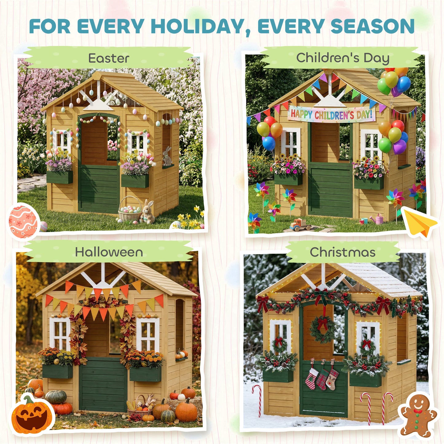 Outdoor Playhouse, Wooden Wendy House with Door, 2 Flower Boxes