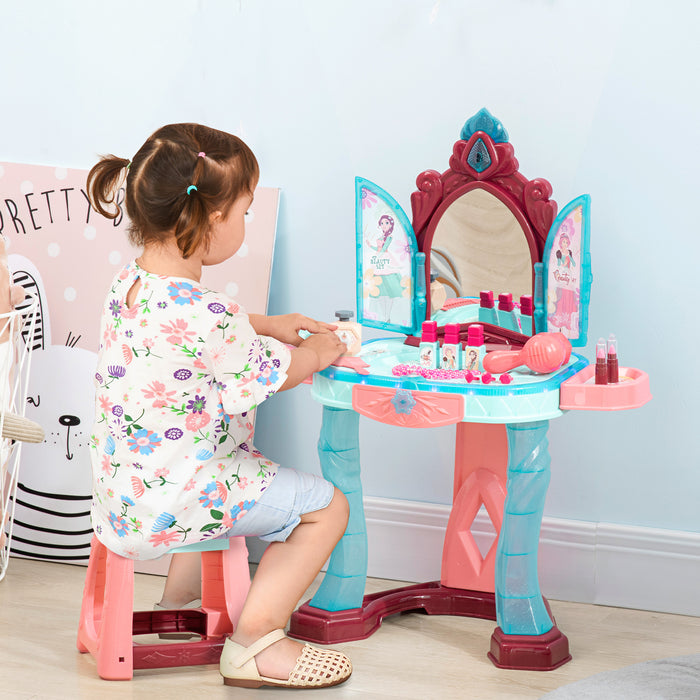 31 PCS Kids Dressing Table Set with Magic Princess Mirror, Musical Pretend Toy W/ Beauty Kit Mirror & Music, for 3-6 Years Old Blue+Pink