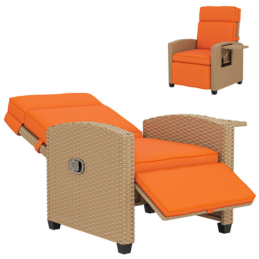 Rattan Garden Recliner Sun Lounger w/ Flip Table, Khaki/Orange