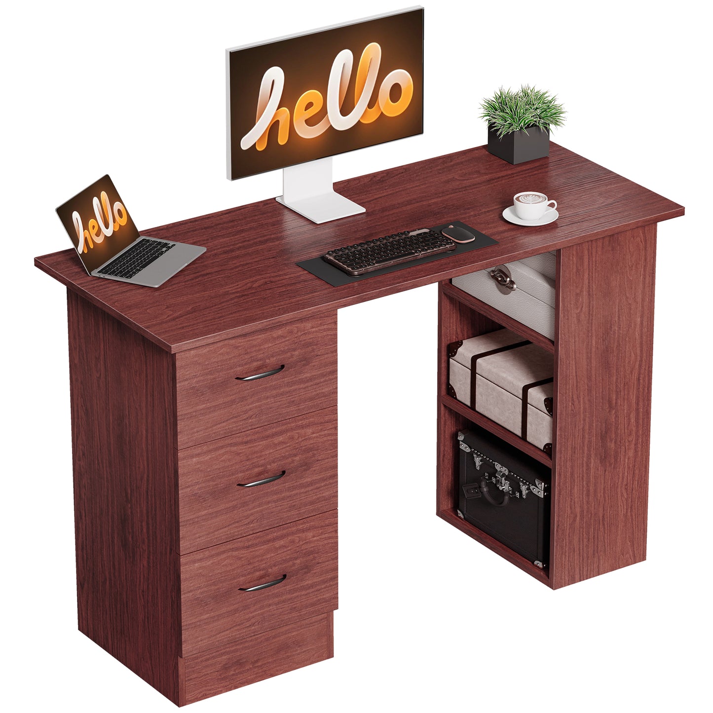 120cm PC Table Workstation Computer Desk w/ Drawers, 3 Shelves Walnut