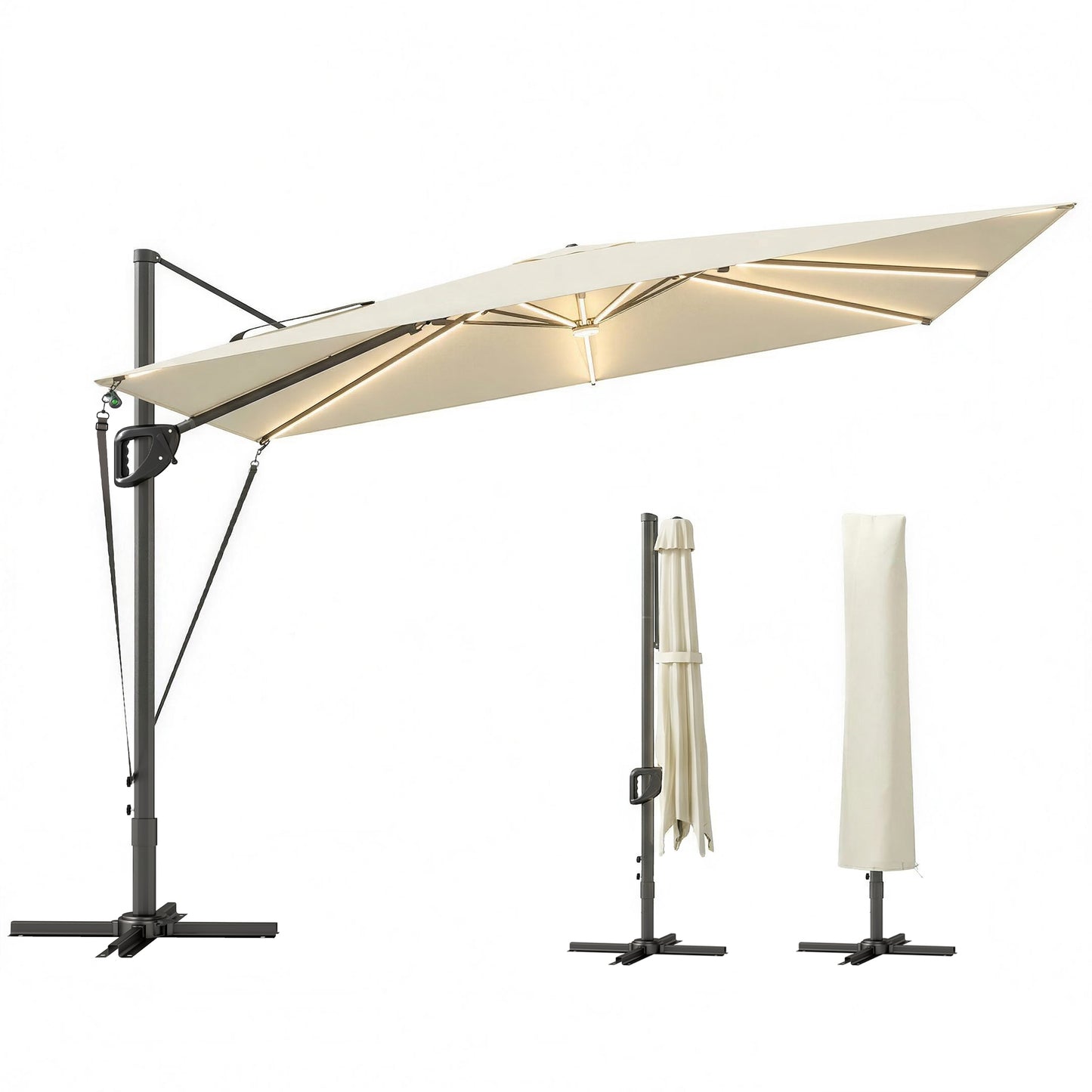 3 x 3 m Garden Cantilever Parasol w/ Light, Cover, Wind Protection