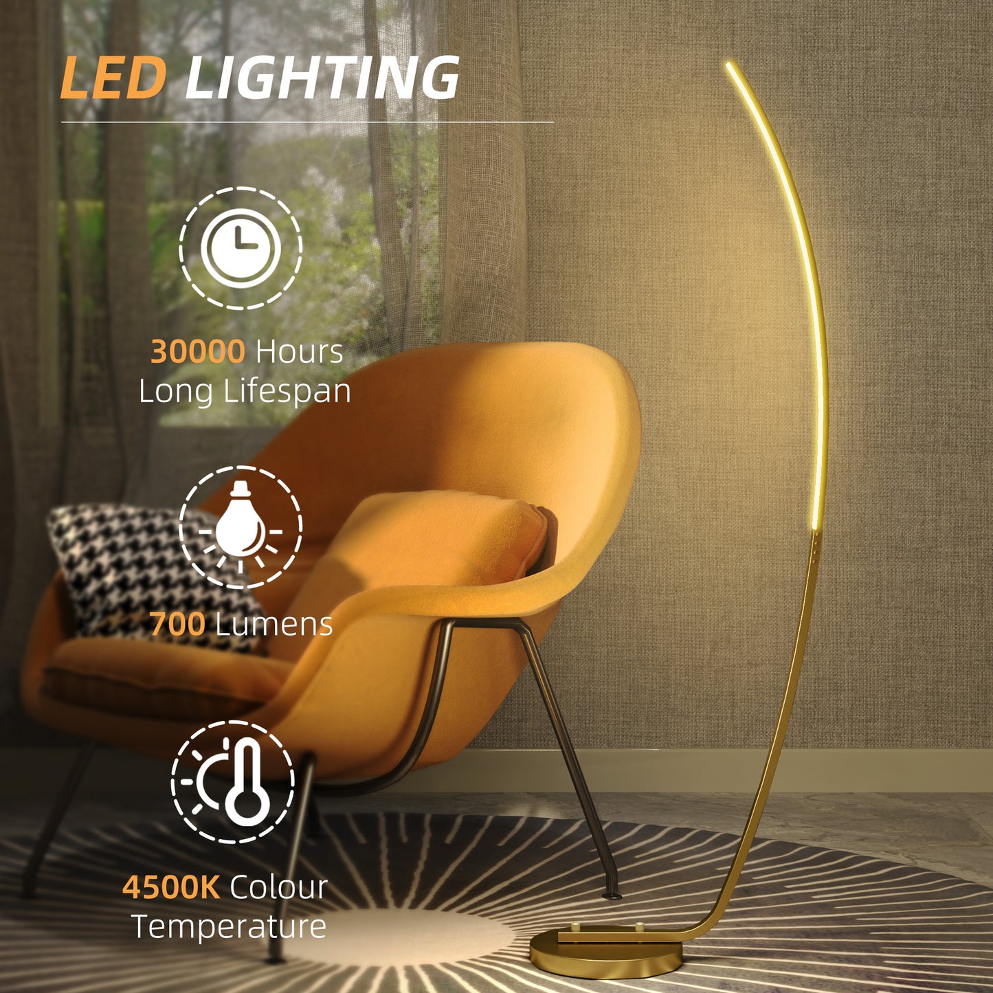 Floor Lamp with LED Strip, Standing Lamp for Living Room, Gold Tone