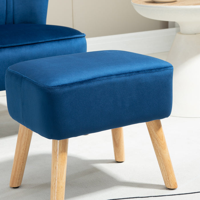 Velvet Accent Chair Occasional Tub Seat Padding Curved Back w/ Ottoman Wood Frame Legs Home Furniture, Blue