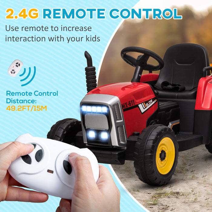 Electric Ride on Tractor with Detachable Trailer, 12V Kids Battery Powered Electric Car w/ Remote Control, Music Start up Sound