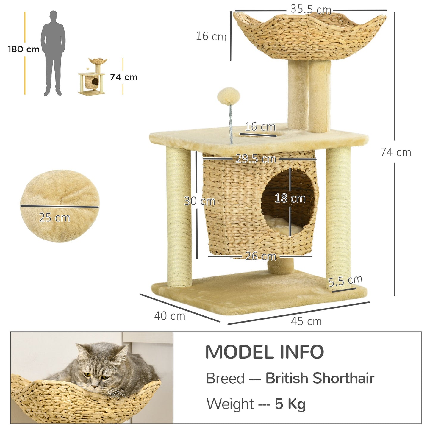 Cat Tree with Scratching Posts, Cat House, Bed, Washable Cushions