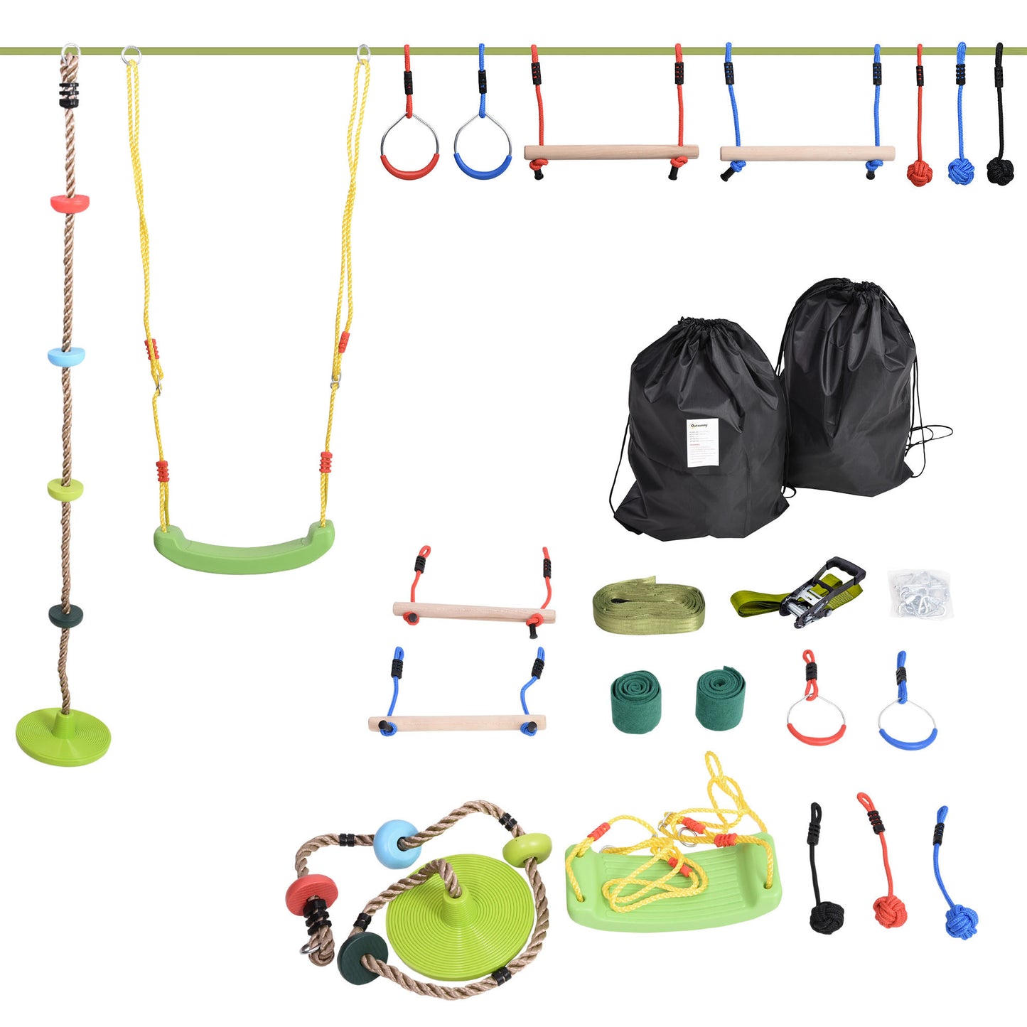 Obstacle Course Kids Slackline w/ Rings Bars Fist Swing Climbing Rope