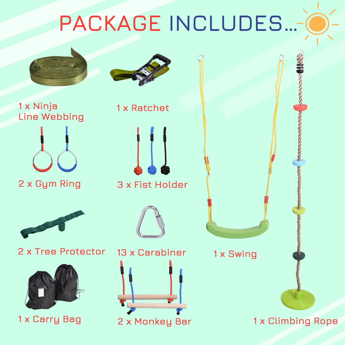 Obstacle Course Kids Slackline w/ Rings Bars Fist Swing Climbing Rope