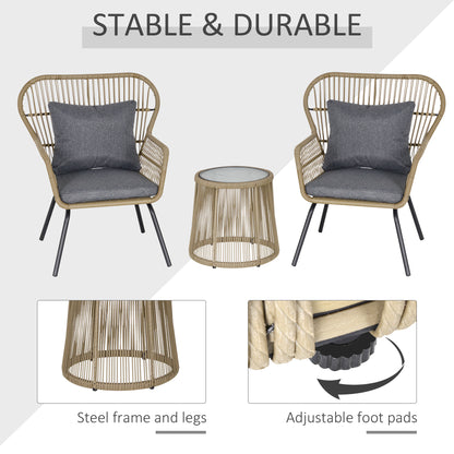 3 PCS Webbed PE Rattan Outdoor Patio Set w/ Cushions Steel Frame Brown