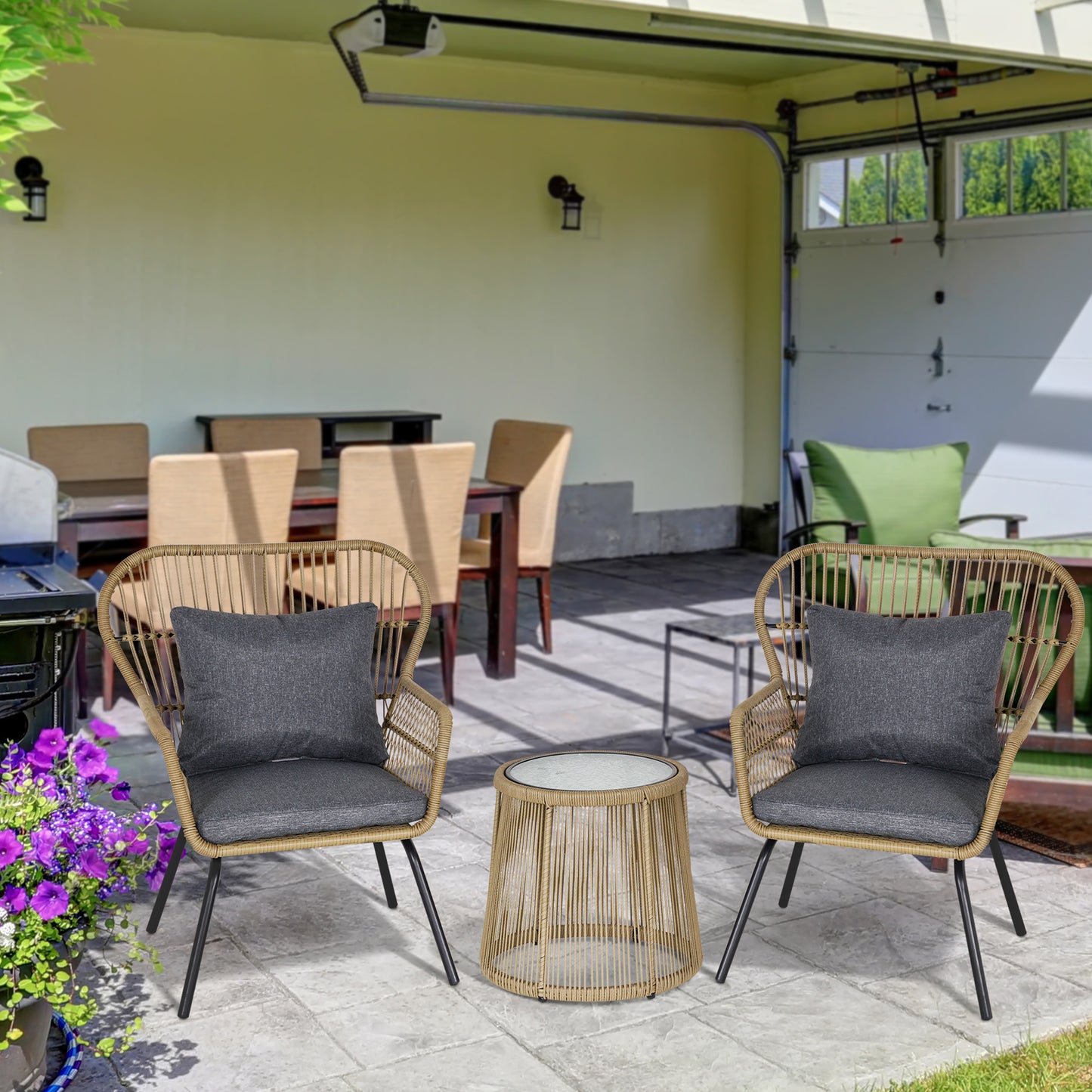 3 PCS Webbed PE Rattan Outdoor Patio Set w/ Cushions Steel Frame Brown