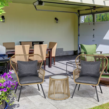 3 PCS Webbed PE Rattan Outdoor Patio Set w/ Cushions Steel Frame Brown