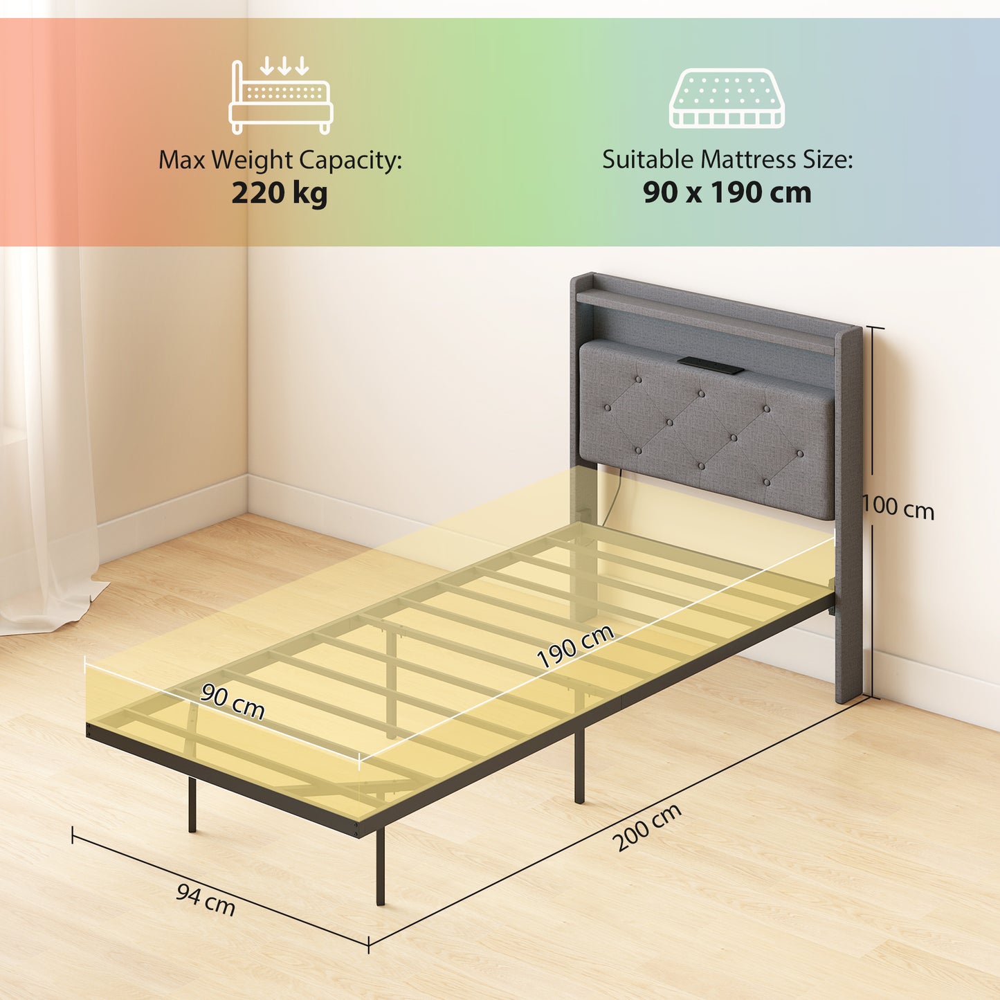 Floating Bed Frame with RGB Lights, Upholstered Single Size Bed, Grey