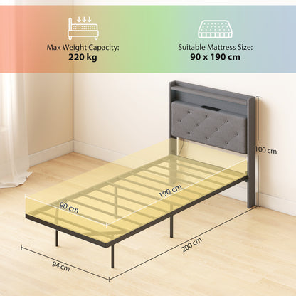 Floating Bed Frame with RGB Lights, Upholstered Single Size Bed, Grey