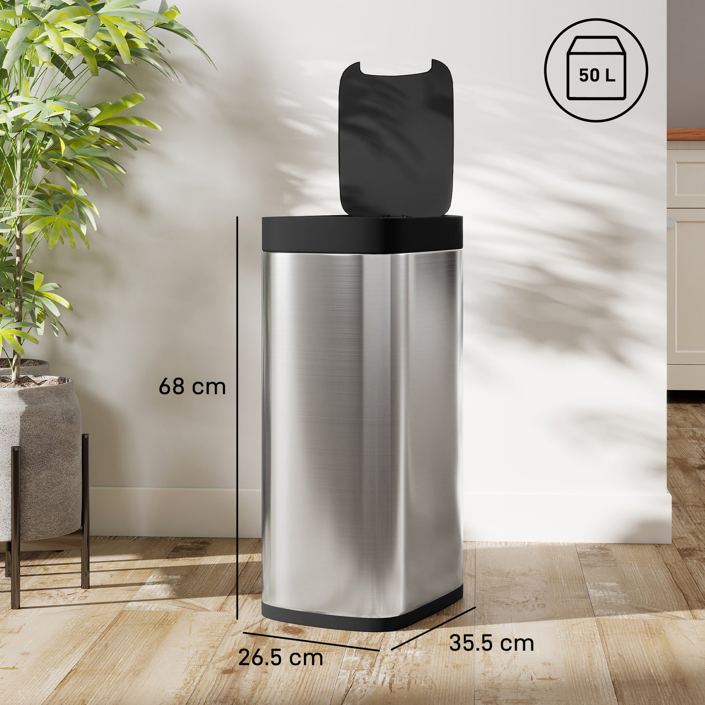 50L Sensor Bin, Touchless Kitchen Bin, Battery Operated, Silver Tone