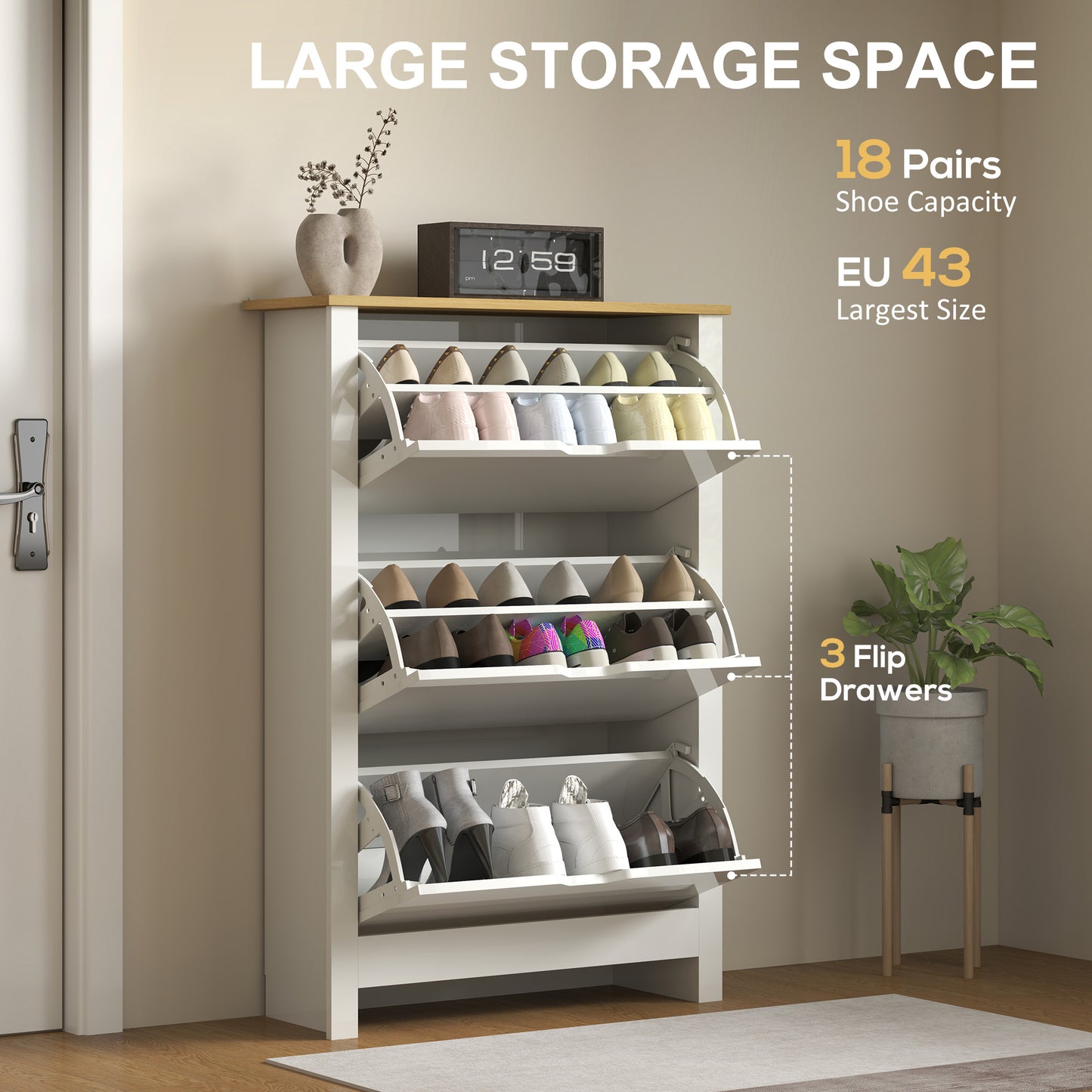 18-Shoe Storage Cabinet 6 Shelves 3 Drawers Tabletop High Gloss White