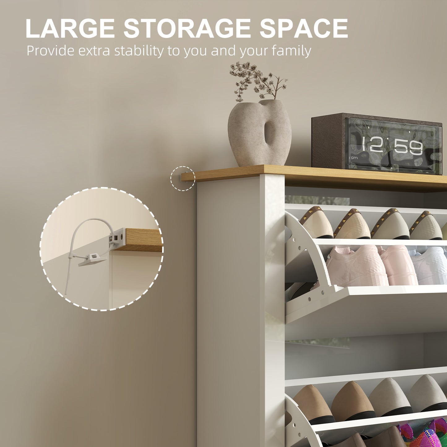 18-Shoe Storage Cabinet 6 Shelves 3 Drawers Tabletop High Gloss White