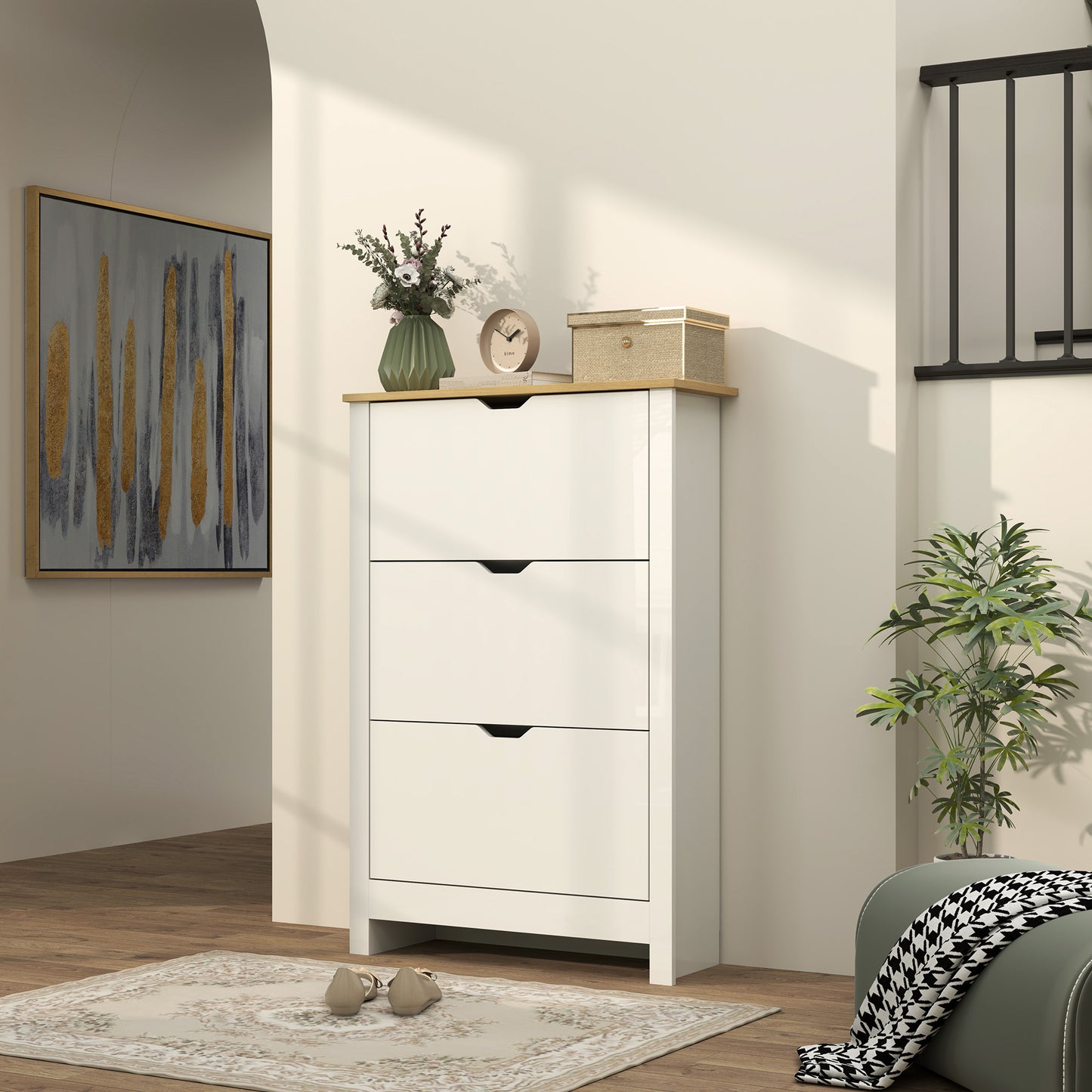 18-Shoe Storage Cabinet 6 Shelves 3 Drawers Tabletop High Gloss White