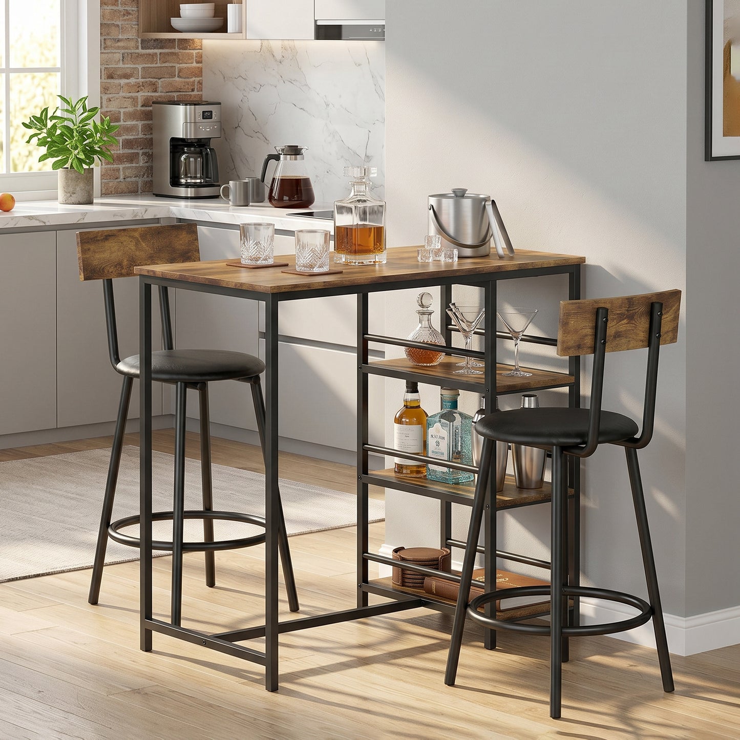 3 Piece Breakfast Bar Table Set, Space Saving Bar Table and PU Leather Stools for 2, Dining Table Set with Storage Shelves, Rustic Brown