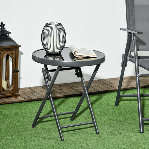 Φ45cm Outdoor Side Table, Round Folding Patio Table with Imitation Marble Glass Top, Small Coffee Table