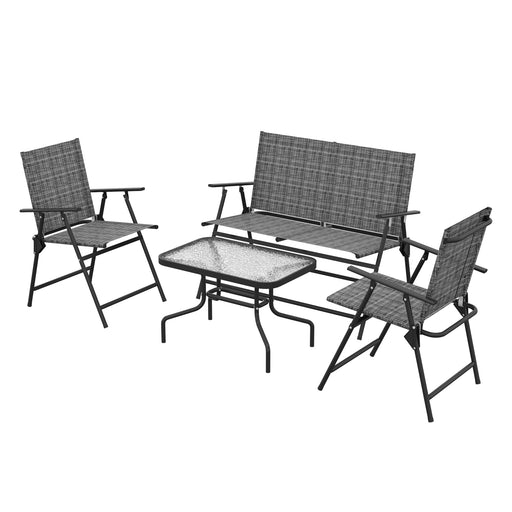 4 Pcs Patio Furniture Set w/ Breathable Mesh Fabric Seat, Backrest, Garden Set w/ Foldable Armchairs, Loveseat, Glass Top Table, Mixed Grey