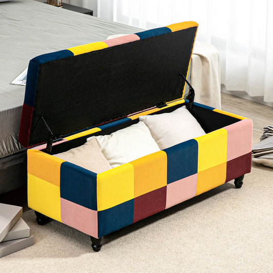 Button-Tufted Velvet Storage Ottoman Bench with Padded Seat and Wooden Legs - Multicolour