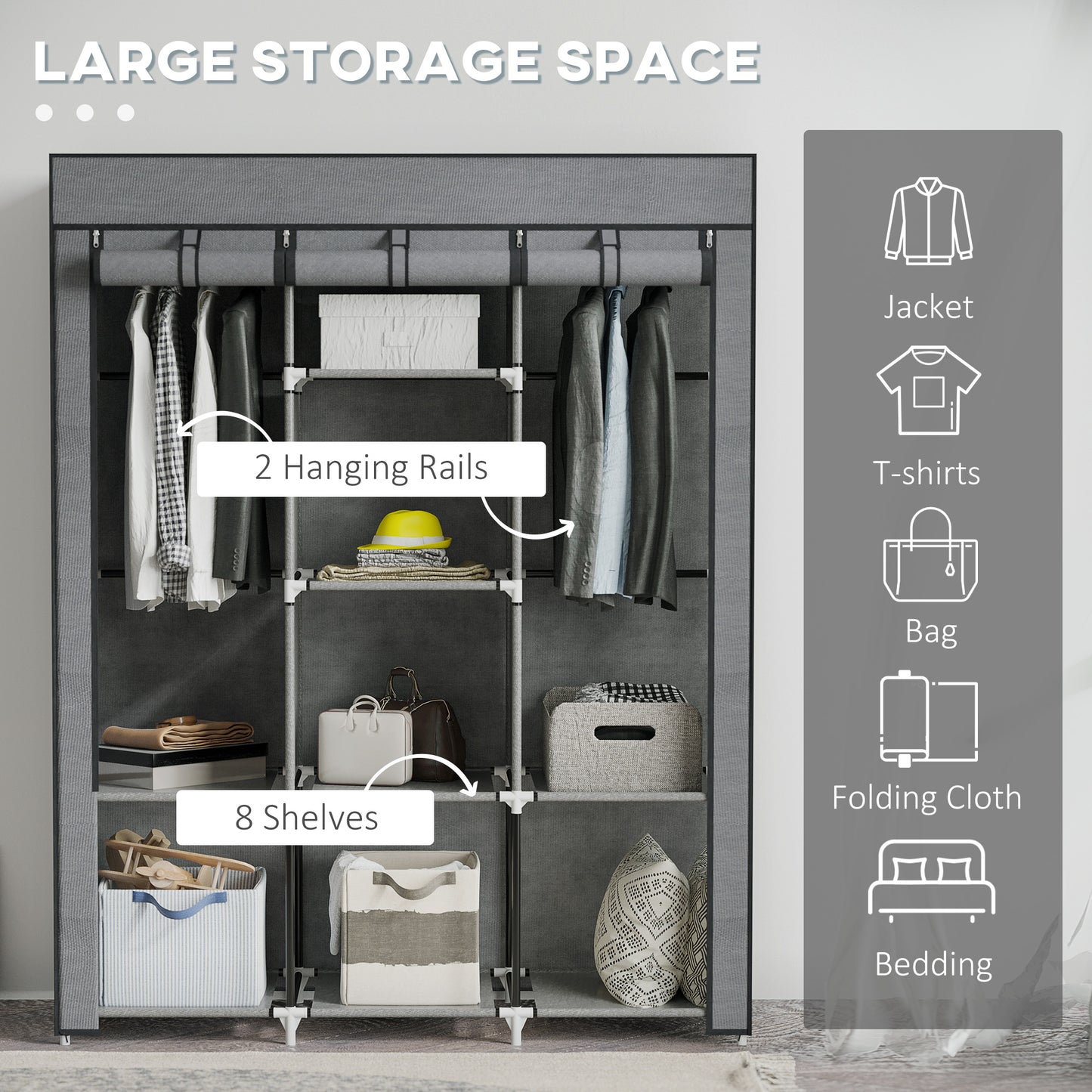 Fabric Portable Wardrobe with 8 Shelves 2 Hanging Rails, Grey