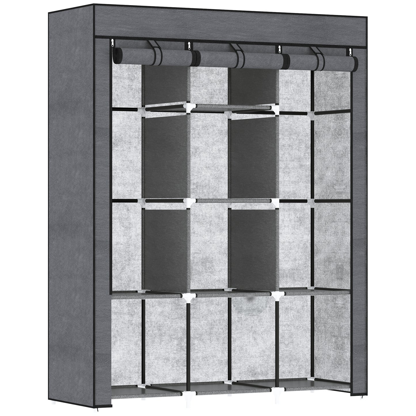 Fabric Portable Wardrobe with 8 Shelves 2 Hanging Rails, Grey